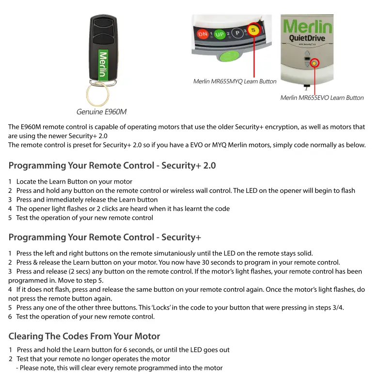 Merlin E960M PREMIUM Garage Door Remote Control Security +2.0 & Security+ C945 - Image 3